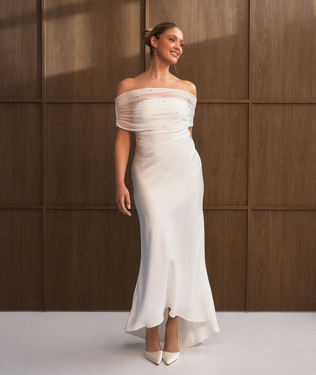 Bardot Pearl Detail Satin Midaxi Dress - White