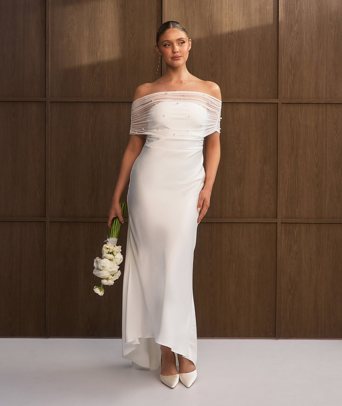 Bardot Pearl Detail Satin Midaxi Dress - White