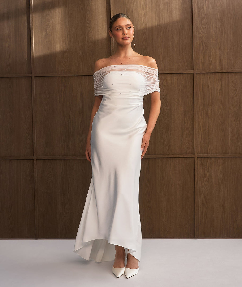 Bardot Pearl Detail Satin Midaxi Dress - White