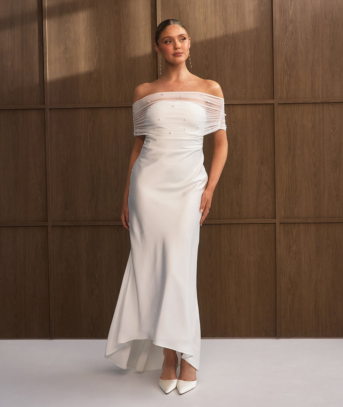 Bardot Pearl Detail Satin Midaxi Dress - White
