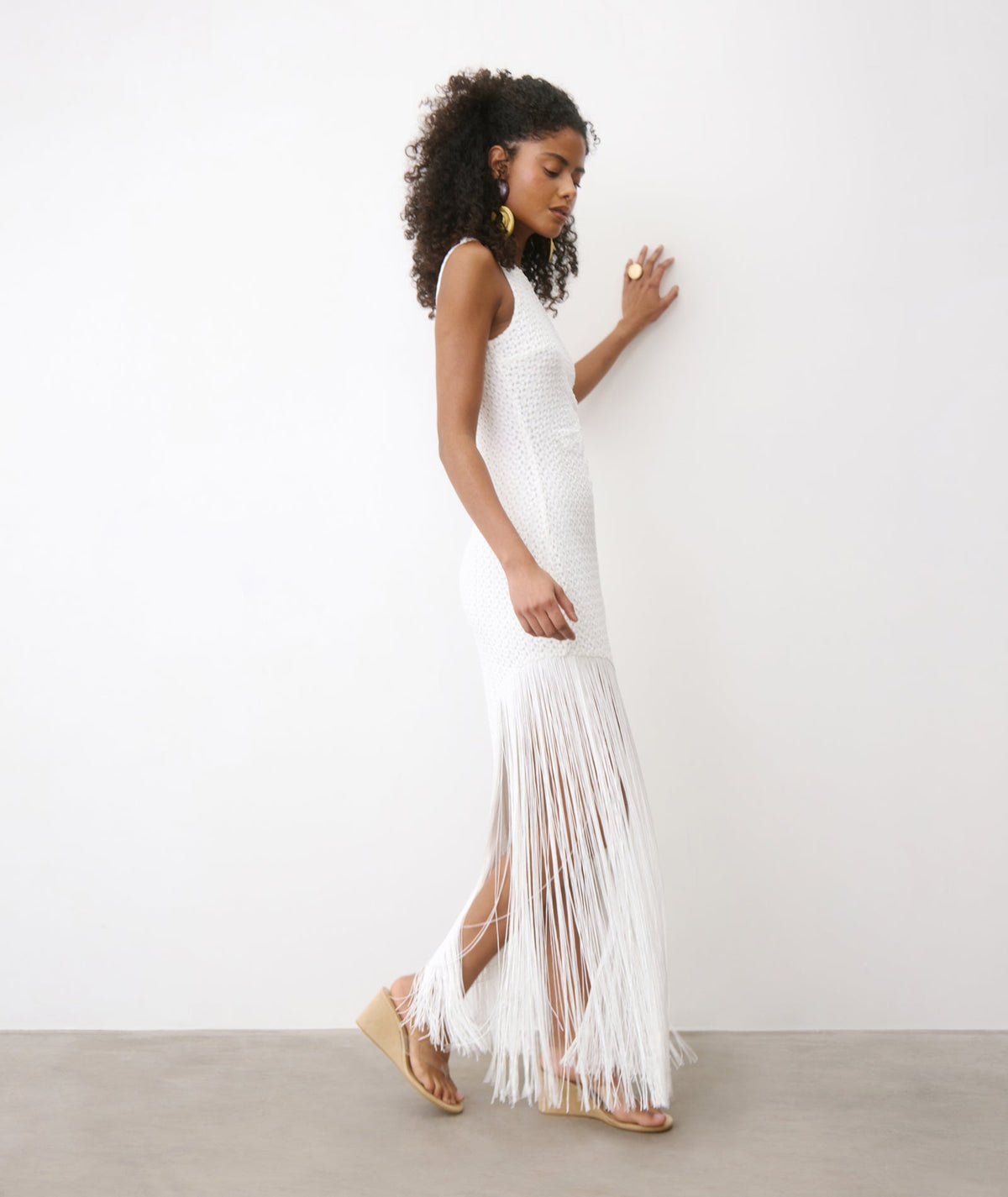 Fringe One Shoulder Maxi Dress - White