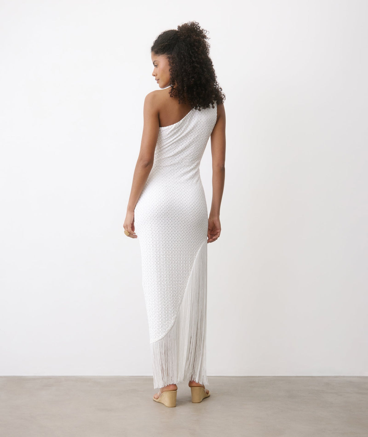 Fringe One Shoulder Maxi Dress - White