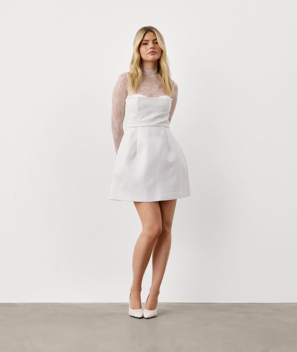 Lace Sleeve Cup Detail Mini Dress - White