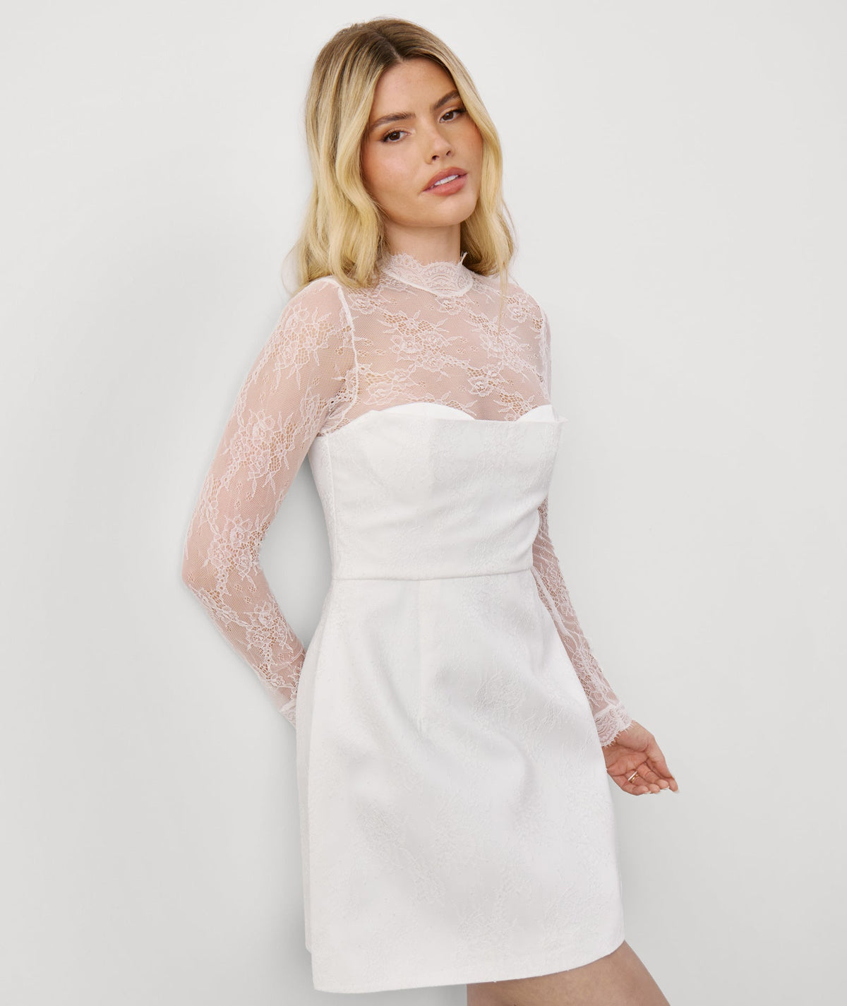 Lace Sleeve Cup Detail Mini Dress - White