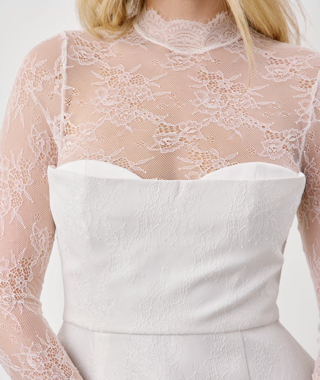 Lace Sleeve Cup Detail Mini Dress - White