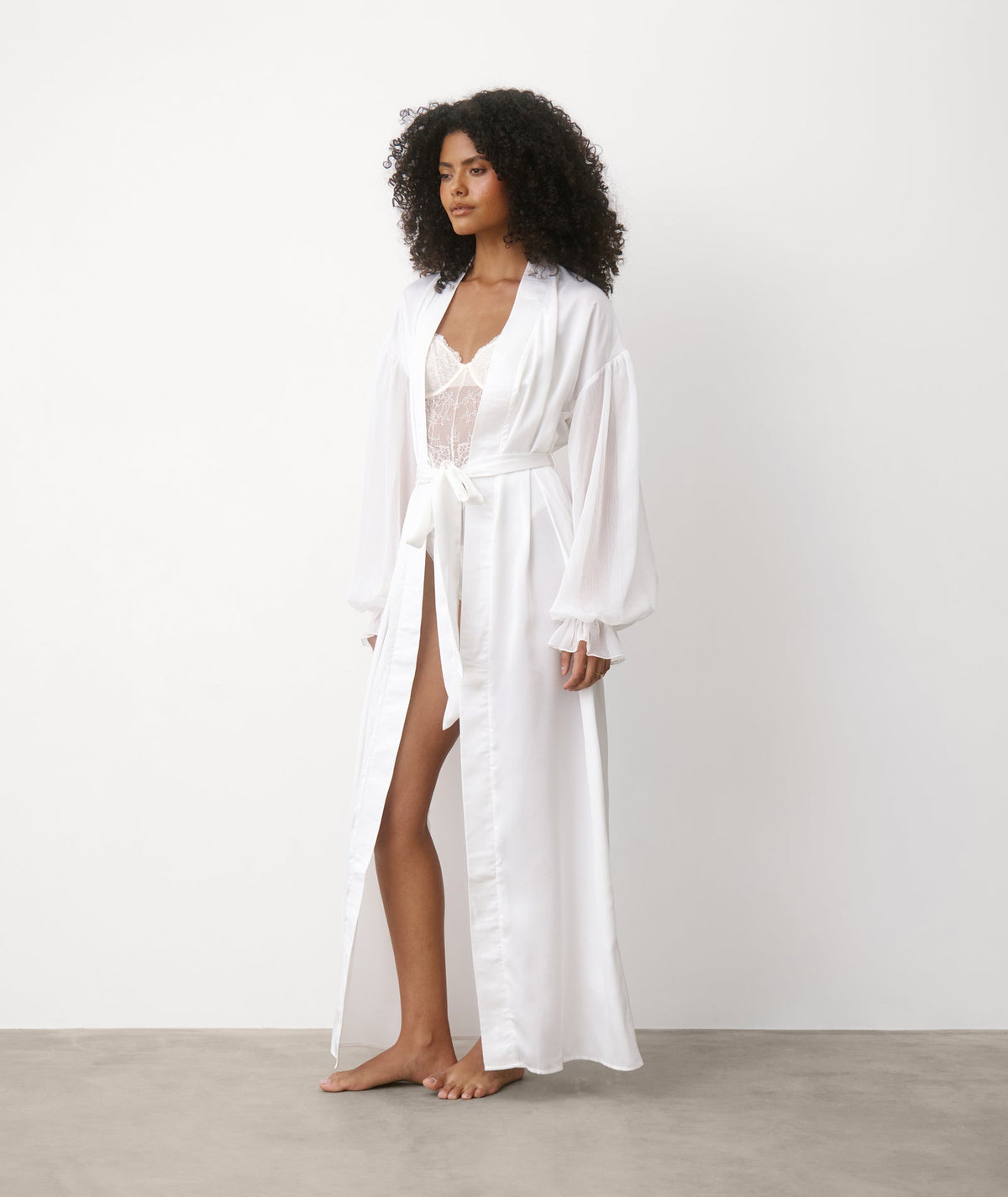 Chiffon Sleeve Maxi Satin Robe - White