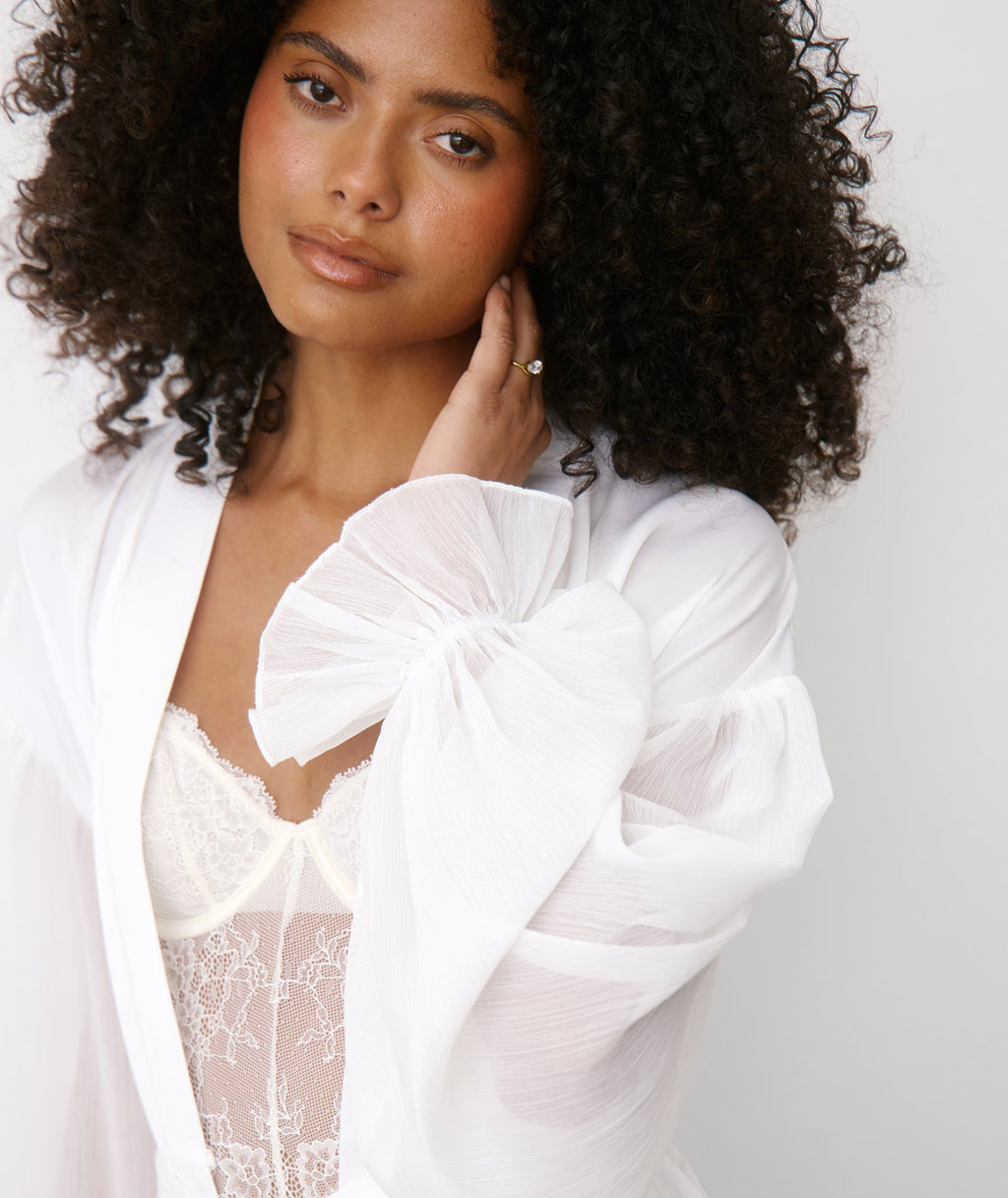 Chiffon Sleeve Maxi Satin Robe - White