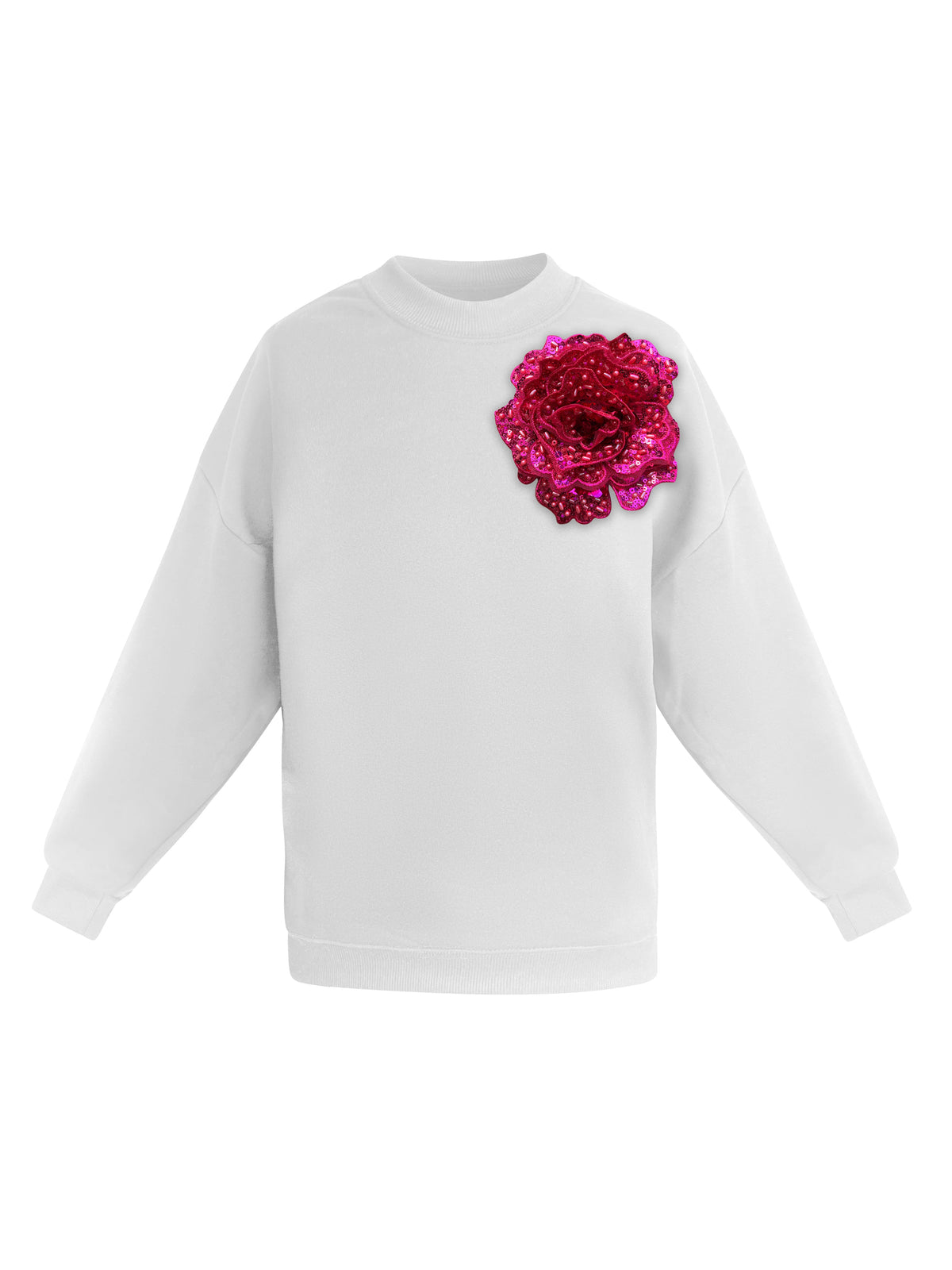 White Cotton Sweatshirt With Fuchsia Sequin Flower