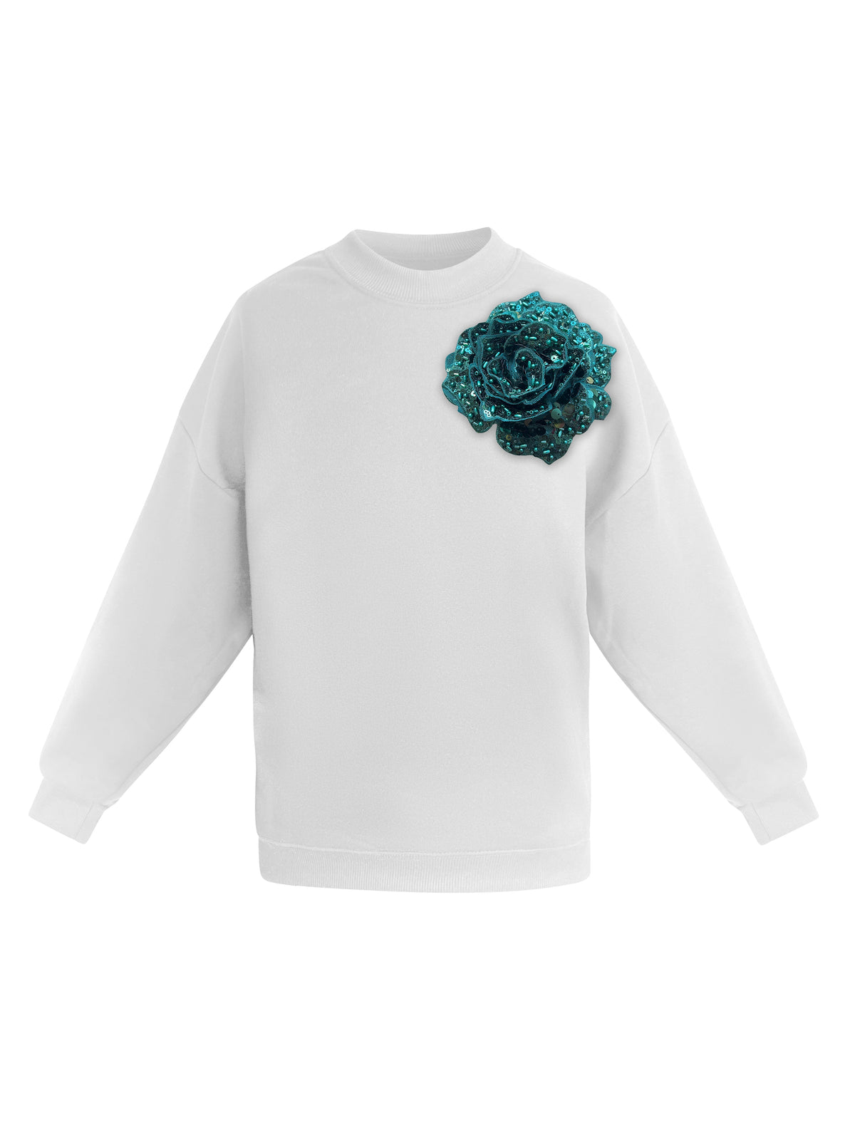 White Cotton Sweatshirt With Green Sequin Flower