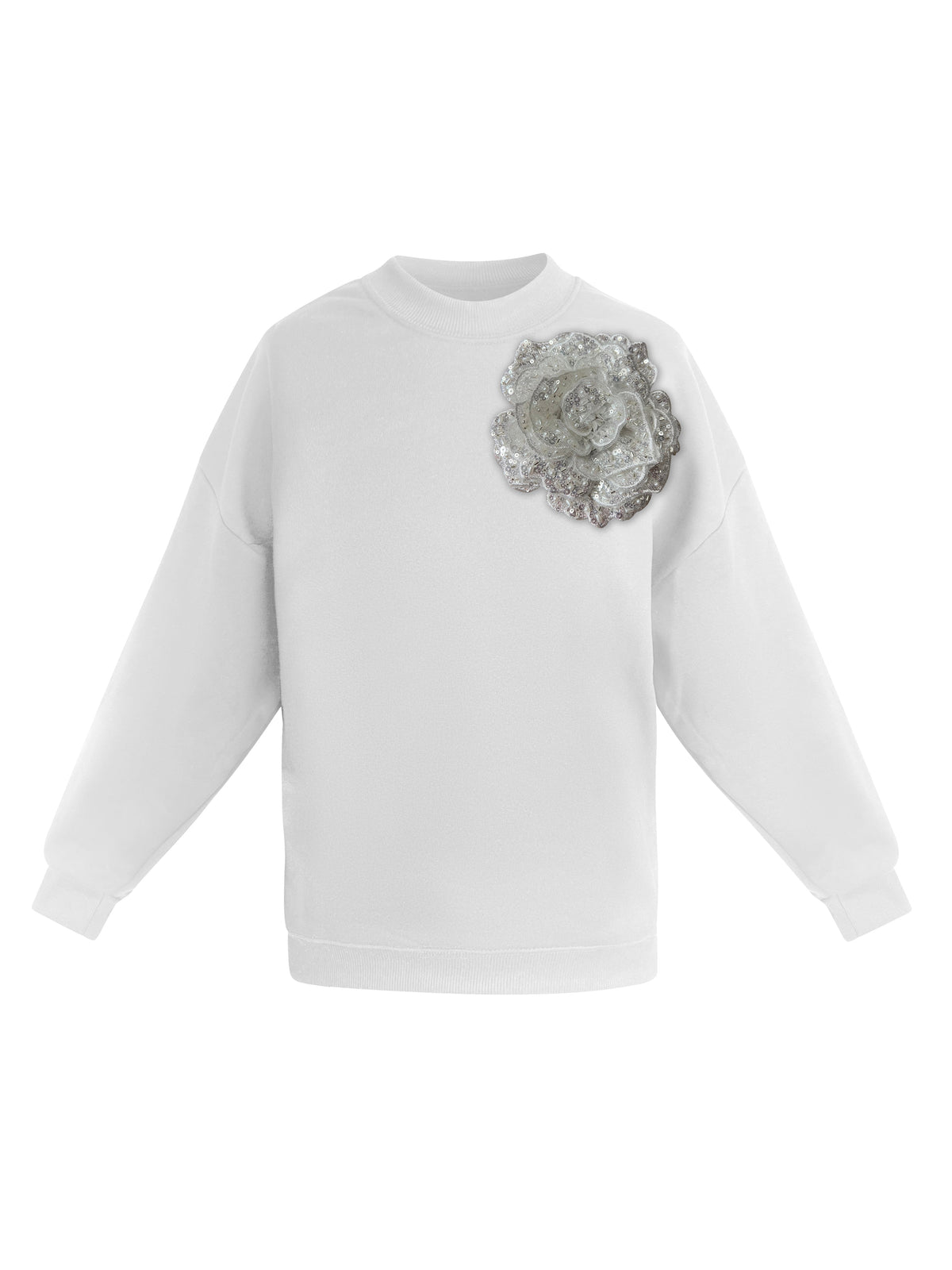 White Cotton Sweatshirt With White Sequin Flower