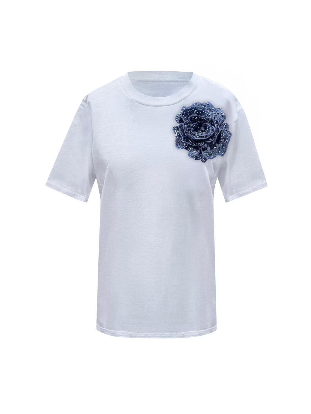 White Cotton Toma T-Shirt With Sequin Flower
