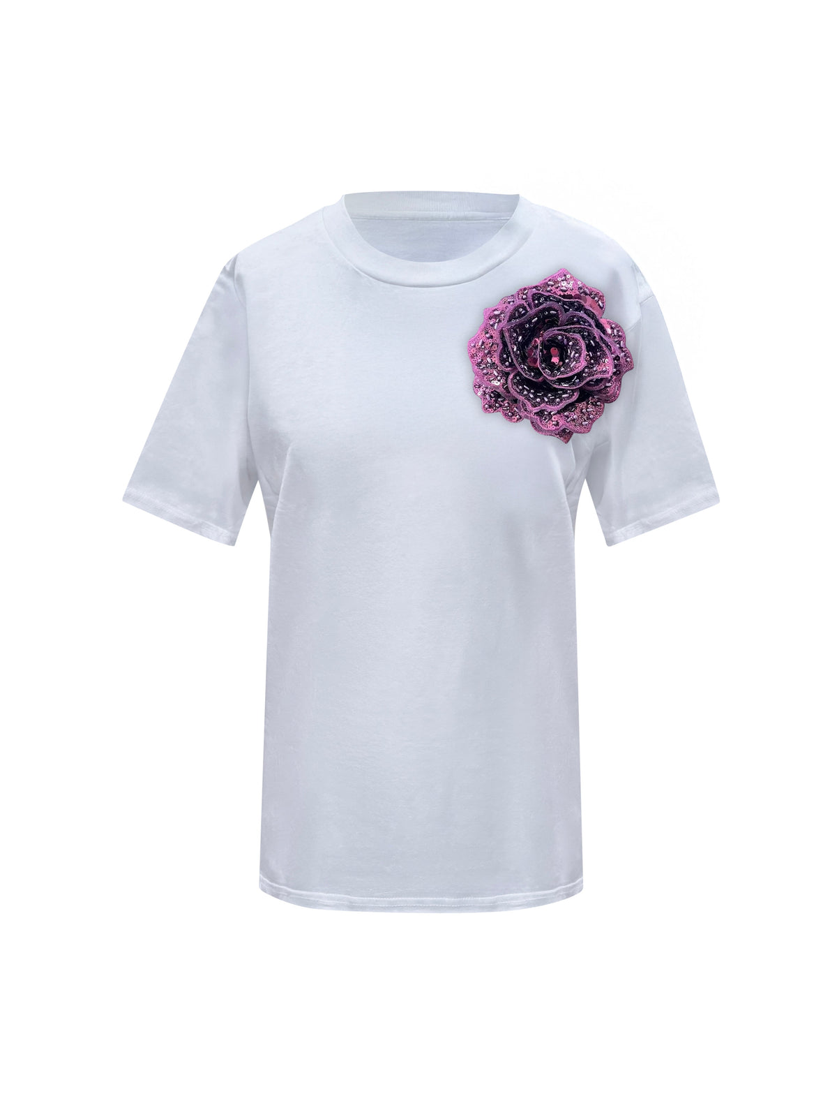 White Cotton Toma T-Shirt With Sequin Flower